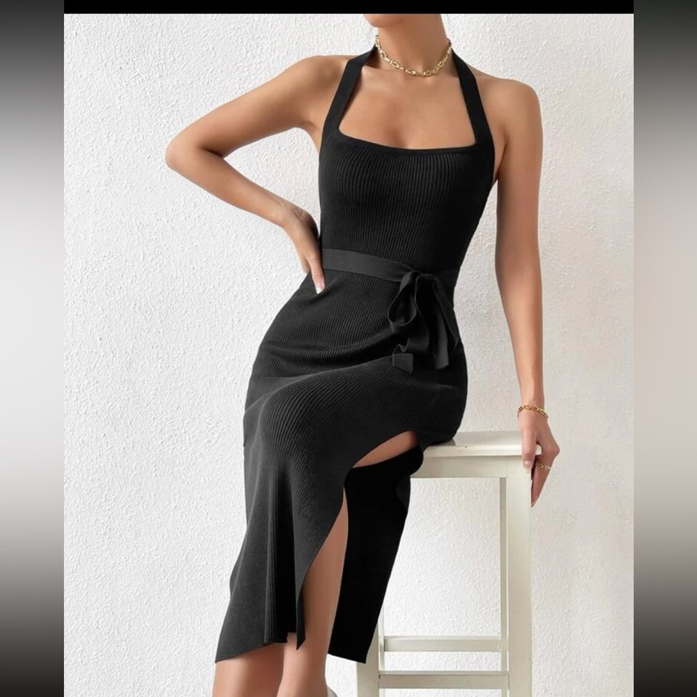 5 for $15 ⭐️ Black Tie Around Sweater Dress with Slit